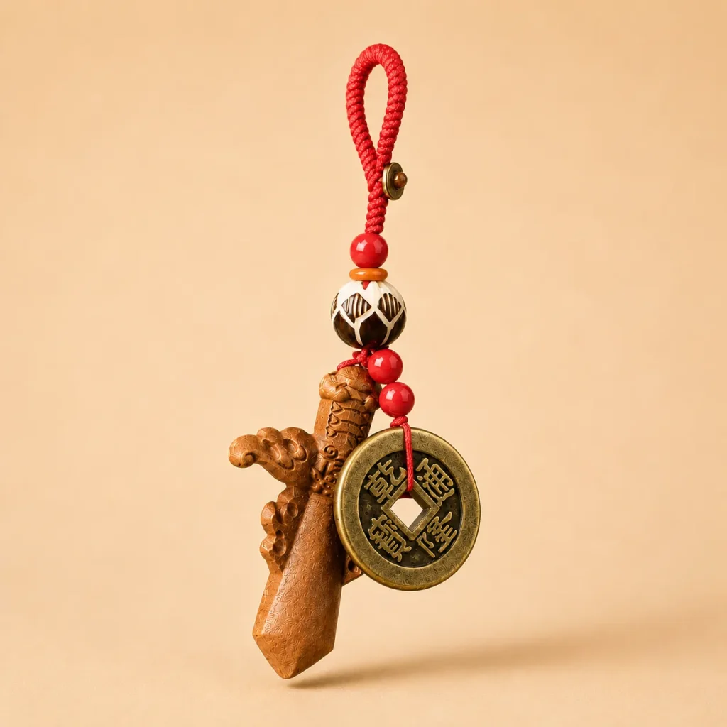 Classic Red Cord Peach Wood Sword with Coin Charm
