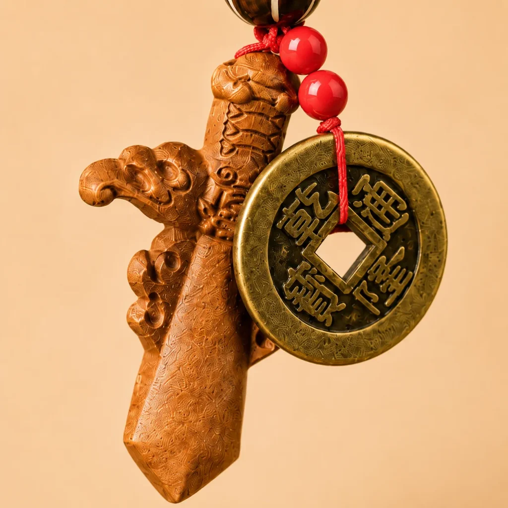 Classic Red Cord Peach Wood Sword with Coin Charm