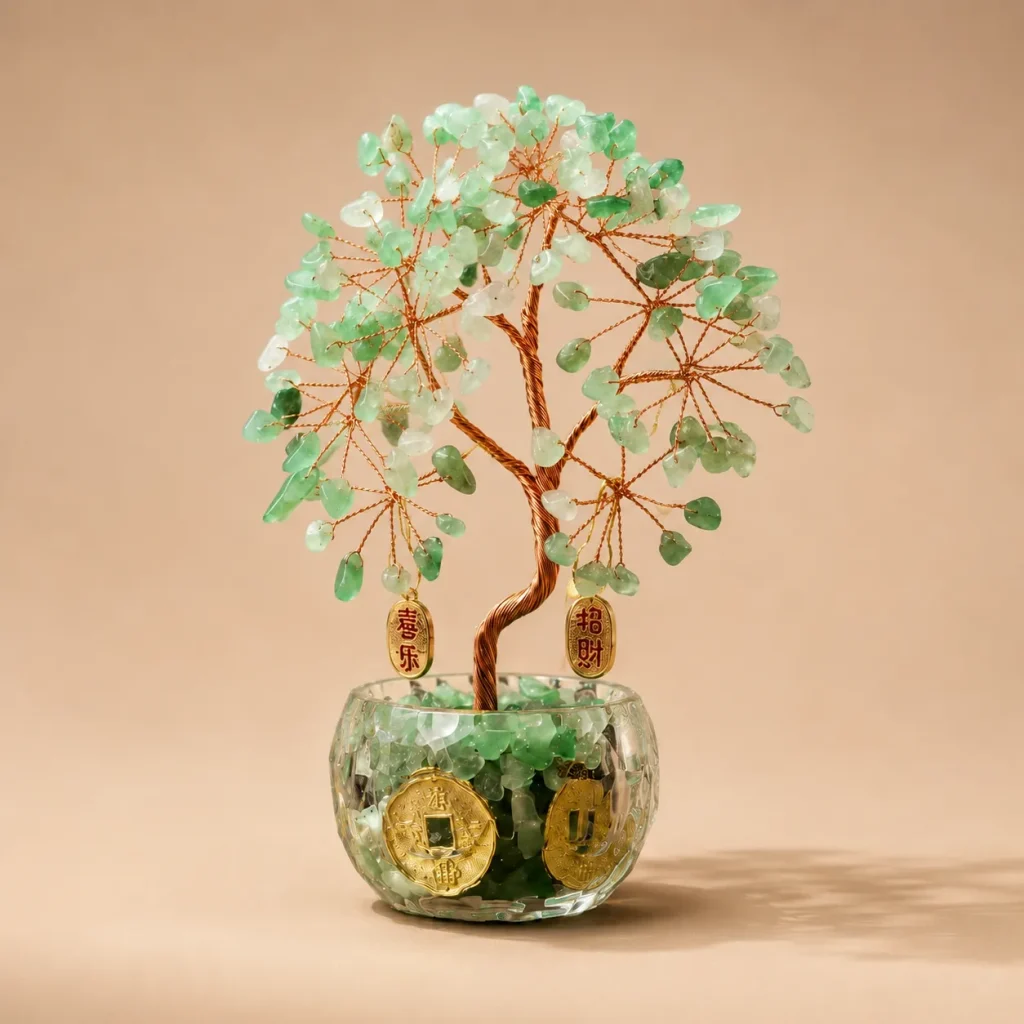 Green Aventurine Money Tree in Glass Treasure Bowl